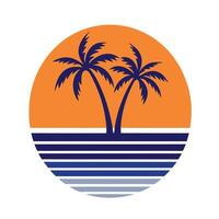 Orange Sunset Palm Trees Blue Ocean Retro Style Graphic vector