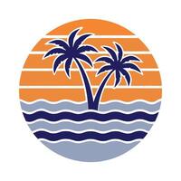 Two Palm Trees Silhouette Orange Sunset Ocean Waves Retro Design vector