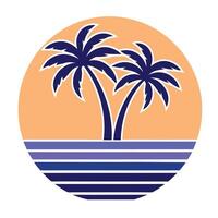 Two Palm Trees Silhouette Sunset Ocean Retro Style Graphic vector