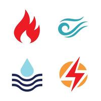 Four Abstract Icons Representing Fire Water Wind and Electricity Energy Sources Red Blue Orange and Teal Colors vector