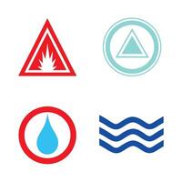 Red Triangle Fire Hazard Symbol Blue Water Drop Icon Teal Triangle Circle Blue Wave Lines Safety Signs Set vector