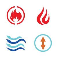 Four Abstract Red Blue and Orange Symbols Representing Fire Water and Up Down Arrows in a Minimalist Style on White vector