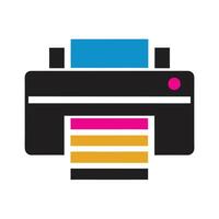 Colorful C M Y K Printer Icon Design with Black Inkjet Device and Cyan Magenta Yellow Key Colors on White Background vector