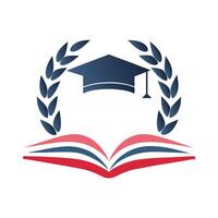 Graduation Cap Above Open Book with Red Blue and White Pages Surrounded by Dark Blue Laurel Wreath vector
