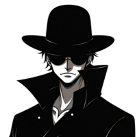 A striking artistic representation of a figure in a hat and sunglasses. The image captures a blend of noir aesthetic evoking intrigue and anonymity png