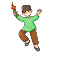 Happy Muslim boy cartoon wearing green clothes and black cap, smiling while holding a torch. Perfect for Islamic events like Muharram or lantern parade. png
