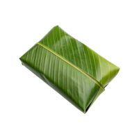 A single serving of food wrapped in a fresh green banana leaf, isolated on a gray background, showcasing natural packaging and healthy eating png