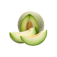 A whole green cantaloupe melon cut in half with two additional slices displayed next to it against png