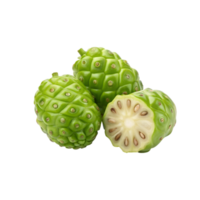Closeup of three Noni fruits one sliced showing seeds revealing its unique texture and vibrant green color a tropical fruit known for its health benefits png