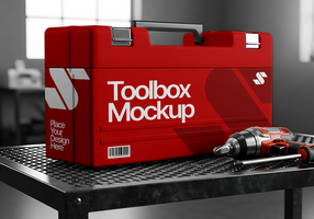 Red Toolbox Mockup with Tools on Metal Surface psd