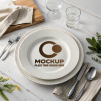 Elegant Dinner Plate Mockup Design Preview on White Table Setting psd