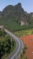 Aerial view of cars driving on scenic winding road in Krabi, Thailand, curving between lush tropical forest, palm plantations, limestone cliffs, and colorful terrain. video