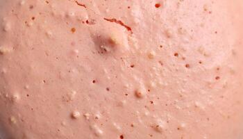 close-up macro texture of pink macaron shell surface with bumps and air holes, pastel bakery background, smooth and cracked baked crust photo
