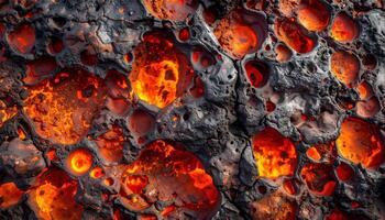 porous lava rock surface with glowing magma pockets and burned crust texture from volcanic eruption, top view geology detail photo