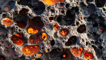 porous lava rock with glowing red magma holes and volcanic crust texture, extreme geothermal surface from active eruption zone, top view photo