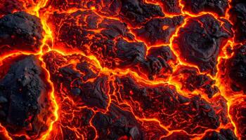 glowing hot lava flow with cracked molten rock texture and intense heat pattern from volcanic eruption, top view of natural magma stream photo
