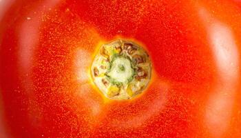 tomato skin close-up macro view showing stem scar and natural red surface texture, fresh fruit background for food and health design photo