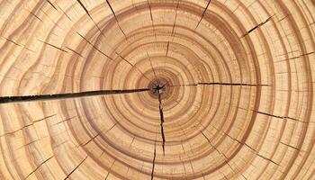 tree trunk cross-section showing detailed annual growth rings and natural cracked wood texture for background, dendrochronology or nature concept photo