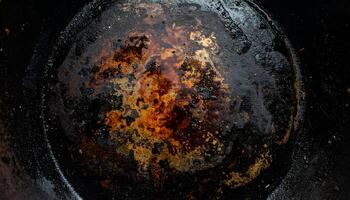 burnt and seasoned surface of cast iron pan, grunge cooking texture with rustic oil stains and dark caramelized pattern for food design and abstract backgrounds photo