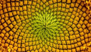 macro close-up of sunflower center displaying Fibonacci spiral pattern, natural geometric symmetry in yellow and green disk florets photo