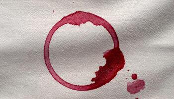 red wine ring stain on white linen fabric close-up, textured spill mark with realistic liquid imprint and fabric weave photo