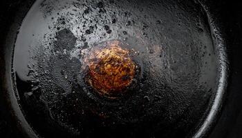 top view of burned and oily cast iron skillet with charred food residue and dark cooking grease texture for rustic kitchen or food background photo