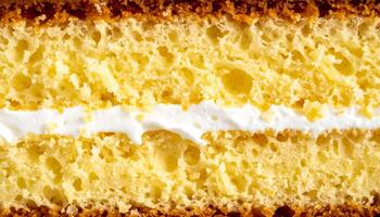 macro texture of fluffy sponge cake cross-section with white cream filling, porous and soft yellow cake layer background for bakery design and food ads photo
