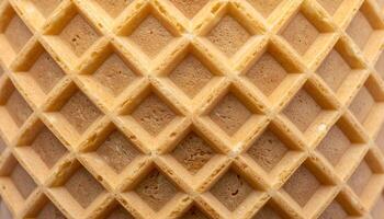 symmetrical waffle cone grid texture macro, crisp square pattern of baked dessert surface for food background or packaging design photo