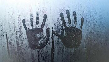 moist glass window with clear handprints and water droplets, symbol of mystery, horror, or emotional isolation on foggy surface photo