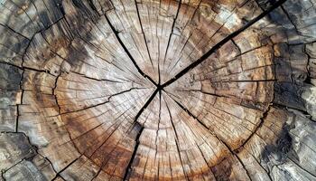top view of cracked tree stump with detailed natural wood rings and weathered dry texture, rustic concentric wood pattern for nature or aging concept background photo