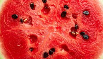 macro view of watermelon interior with seeds and juicy red flesh, summer fruit texture background for food design and fresh concept photo