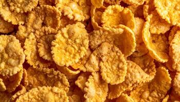macro close-up of crispy cereal flakes with golden texture and rough surface, crunchy breakfast food detail for packaging, nutrition and healthy eating design photo