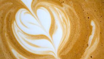 top view of latte art heart swirl in milk foam on espresso coffee surface, creamy frothy texture in warm cafe atmosphere photo