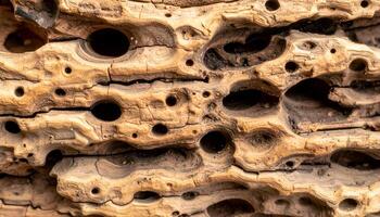 close-up texture of termite-eaten wood with organic tunnel patterns and weathered natural surface for decay and nature backgrounds photo