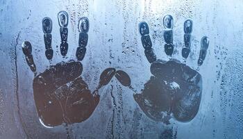 human handprints on wet foggy glass window with condensation and water droplets, symbol of touch, mystery, isolation, or human presence photo