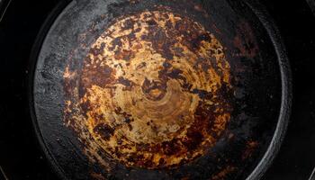 seasoned and burnt cast iron pan surface with circular grunge pattern, rustic cooking texture for culinary design, food background and abstract art overlays photo
