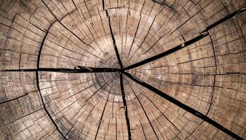 cracked tree stump top view with natural growth rings and dry wood texture pattern, concentric annual rings background for nature, aging or organic material concept photo