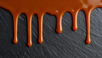 dripping caramel sauce on dark slate stone background, top view of glossy golden brown syrup flowing in abstract pattern for dessert or bakery design photo