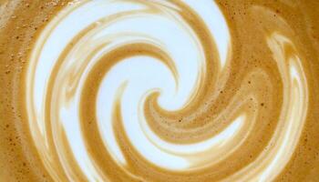 spiral latte art swirl in creamy milk foam on hot espresso coffee, top view artistic coffee surface with smooth texture photo