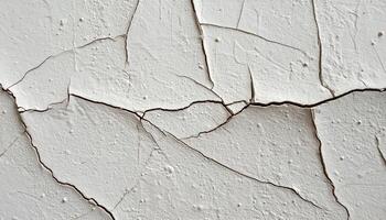 close-up of hairline cracks and peeling dry plaster wall texture with aged and deteriorated white surface background photo