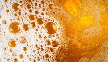 macro texture of beer foam with golden bubbles and frothy surface, abstract beverage background for party and alcohol themes photo