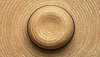 top-down view of woven straw hat with circular braided pattern, natural fiber summer accessory on textured straw background photo