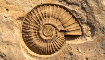 ancient fossil shell imprint in textured sandstone rock surface, top view macro of ammonite spiral fossil formation photo