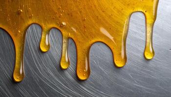 dripping honey on brushed metal surface, close-up top view of golden syrup flowing in glossy lines for sweet dessert background or food texture design photo