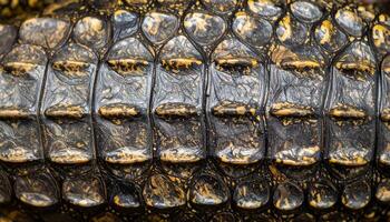 macro close-up of rugged reptile scale texture, detailed crocodile or alligator skin pattern with natural brown and yellow tones for exotic leather or background design photo