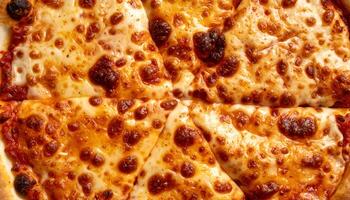 overhead view of sliced cheese pizza with bubbly melted mozzarella and golden brown blistered crust texture photo