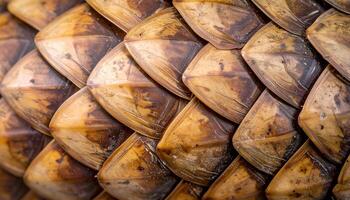 macro close-up of pangolin scale armor texture in brown tones, natural overlapping pattern of keratin plates for exotic wildlife or organic surface reference photo