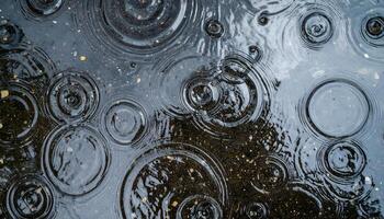 top view of ripples and raindrops falling in a puddle on dark asphalt surface, moody and rainy weather texture photo