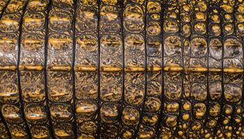 close-up of reptile skin texture with vivid yellow and brown scale pattern, detailed exotic animal surface for leather design or organic background photo