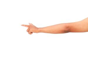 Hand gesture pointing to the left, isolated on white, depicting direction or choice, with empty space for creative compositions photo